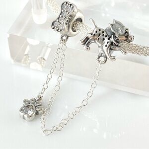 Sterling Silver Dalmatian Puppy Dog, Paw and Bone Safety Chain Charm